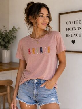 Luca + Grae Brunch Graphic Tee Pink Embroidered Casual Shirt Medium